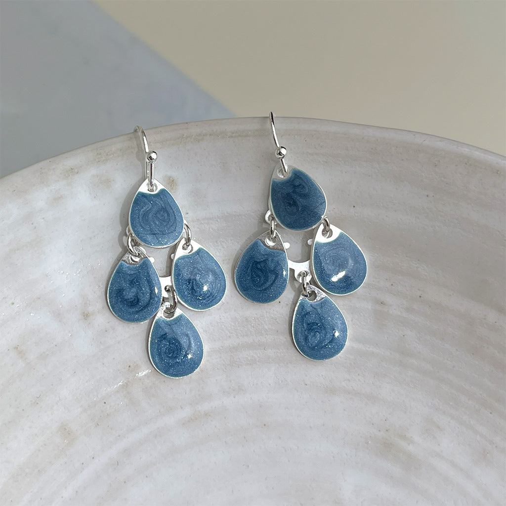 Wholesale Copper Blue Enamel Drip-Glazed Flower Earrings,  Fresh Floral Pearl Studs,  Fashion Accessory