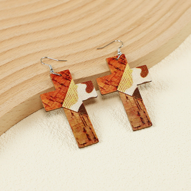 Wholesale Vintage Western Farm Cross Cactus Cow Head Wood Earrings