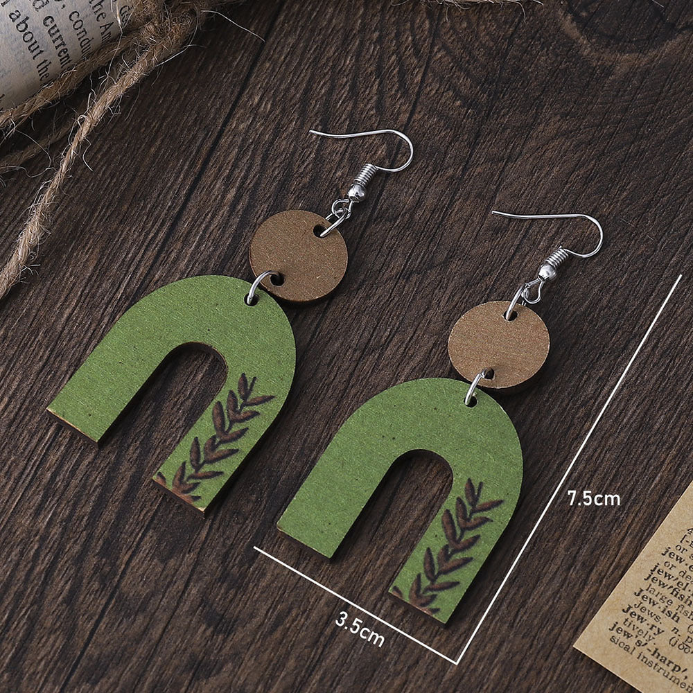 Wholesale  Long U-shaped Geometric Square Hollow Wooden Earrings