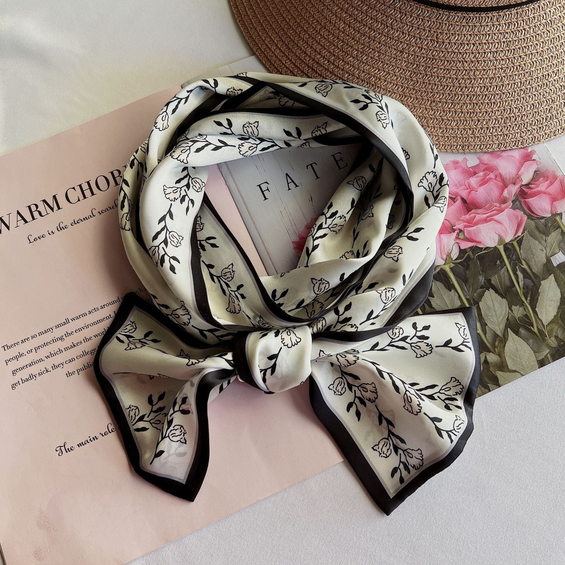 Wholesale  Vintage Striped Floral Double-sided Printed   Silk Scarf