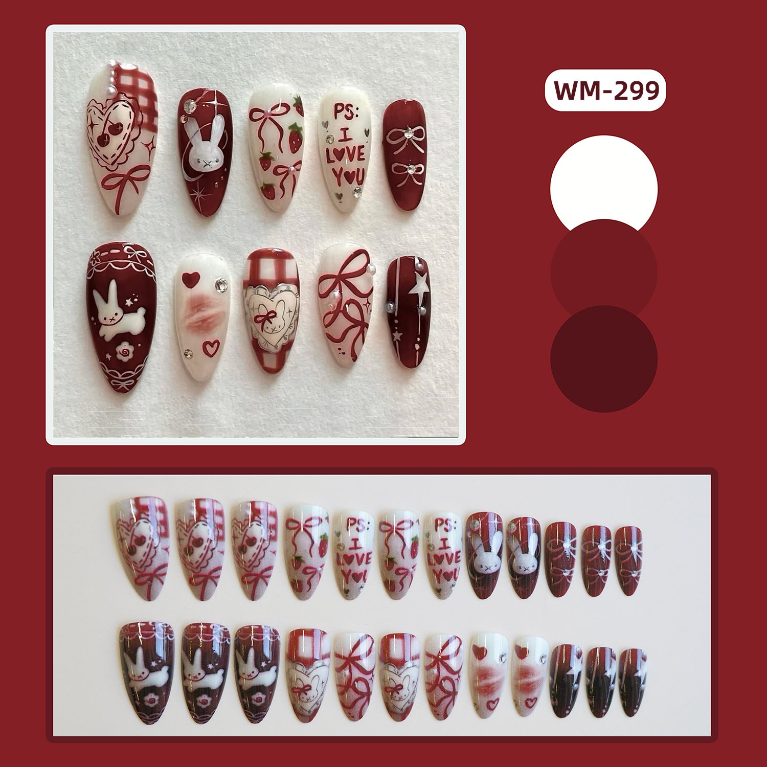 Wholesale 24 Pieces/ box Christmas Red Bud Rabbit Nails Kits Nail Stickers