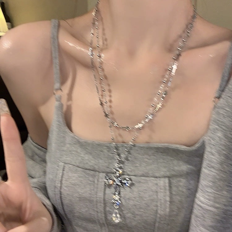 Wholesale Beaded Cross Necklace Long Layered Chain Y2K Women' s Fashion Jewelry Accessory Gift
