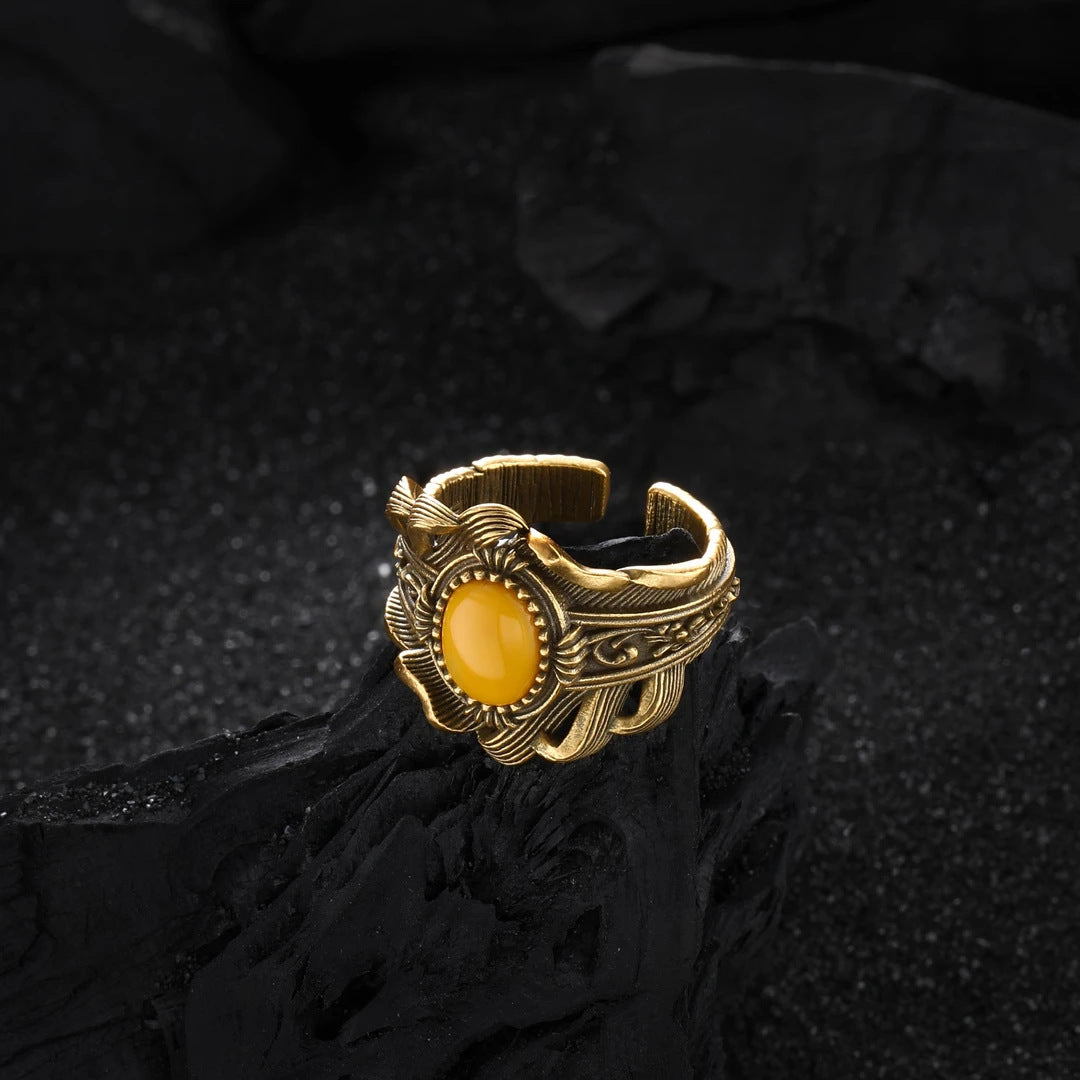 Wholesale Vintage Feather Leaf Eagle Feather Iris Dot Inlaid Cabochon Ring