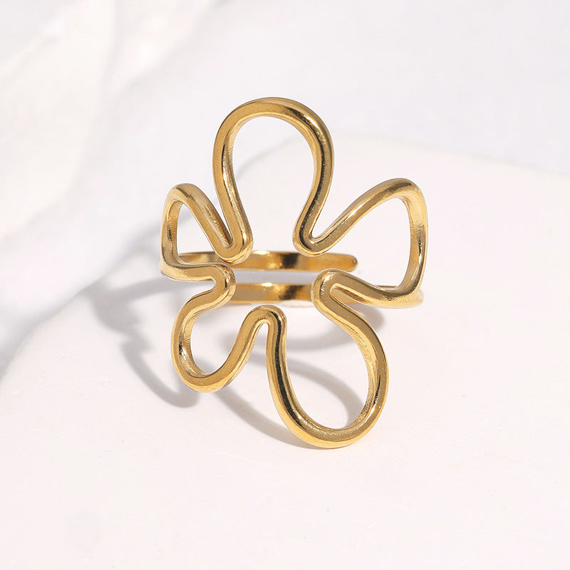 Wholesale Stainless Steel Hollow Flower Open Ring Adjustable Steel Tone Design Trendy Jewelry Accessory For Women Boutique Resale Everyday Wear