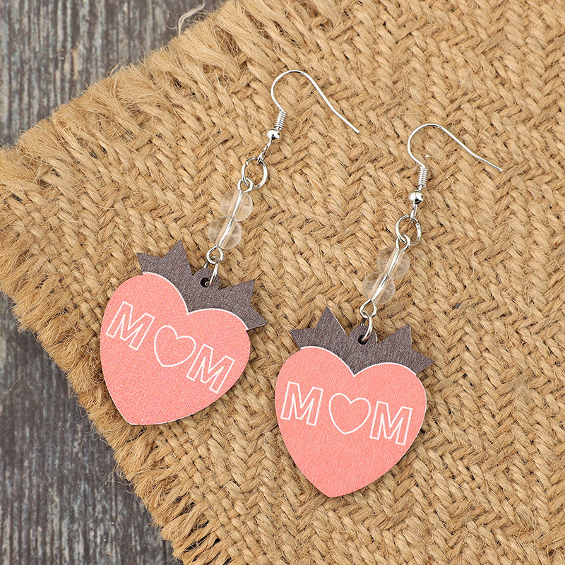 Wholesale  Wooden Heart Printed Letter Mother's Day Earrings