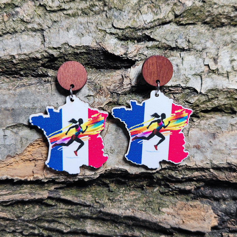 Wholesale sports meet love earrings French flag color landmark tower wooden earrings
