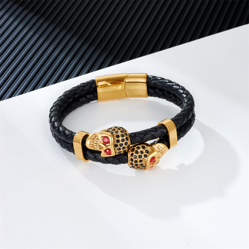 Wholesale First Layer Cowhide Woven Genuine Leather Bracelet Men's Leather Stainless Steel Bracelet ACC-BT-Qiaoa004