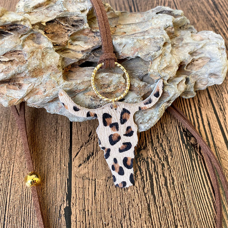 Wholesale 3pcs/pack Western Style Cow Head Texas Map Leopard Print Turquoise Pearl Cowhide Leather Necklace