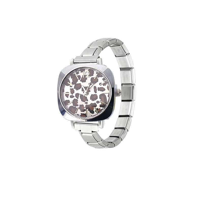 Wholesale Cross-Border Fashion Silver Leopard Print Italian Modular Quartz Watch with Stainless Steel Band,  Unisex DIY Watch Head