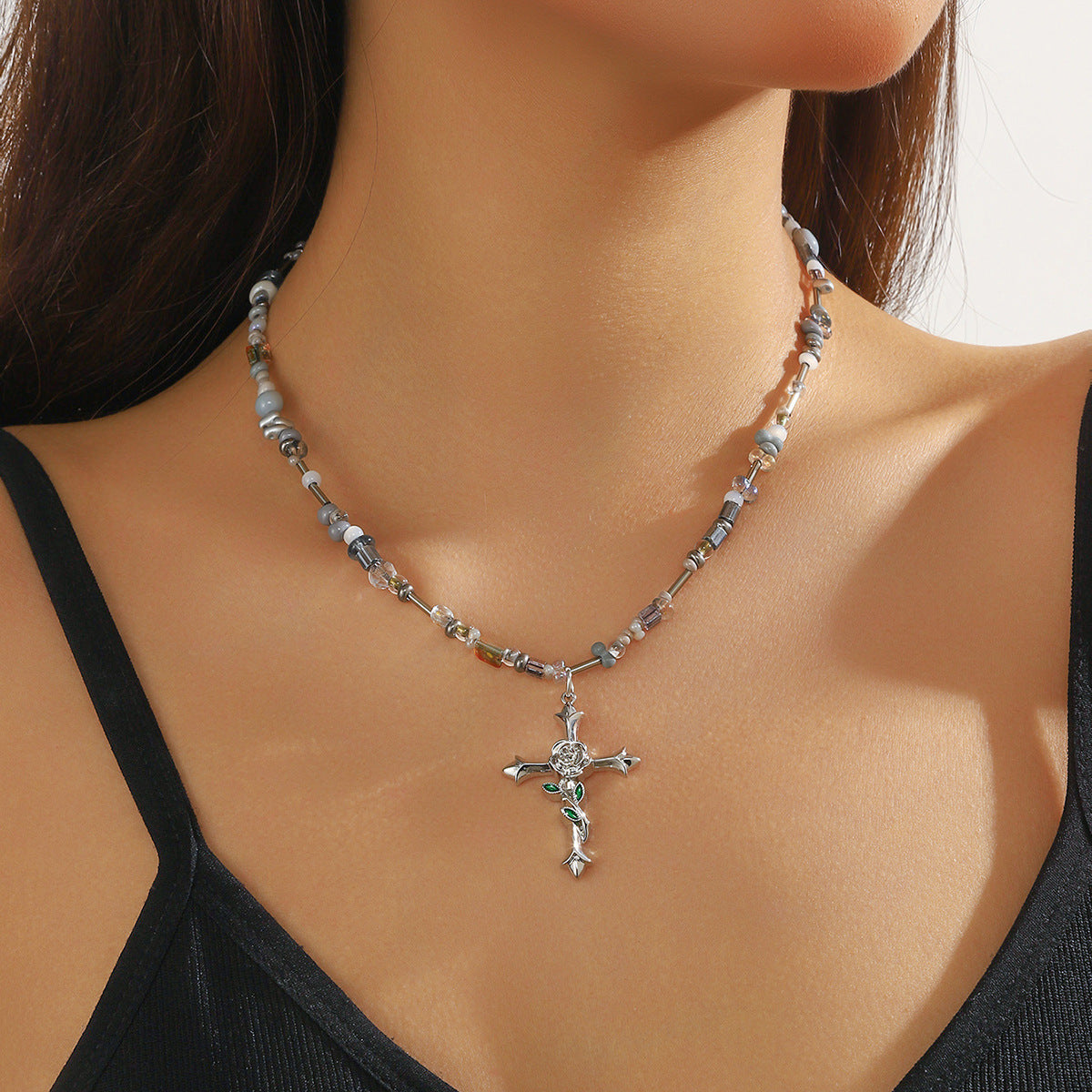 Wholesale  mosaic rose cross pendant necklace