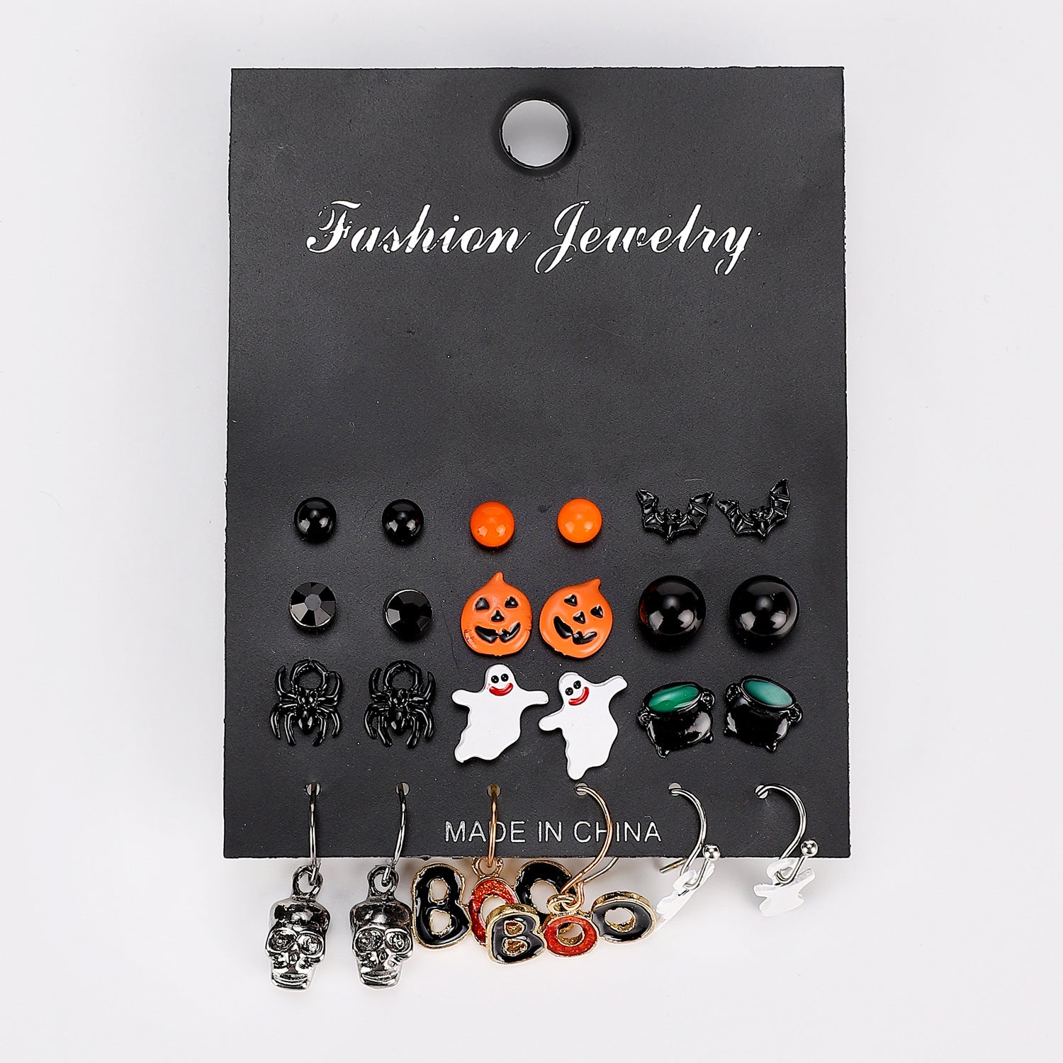 Wholesale Alloy  Earrings 12-Pair Card Pack Crow Witch Pumpkin Skull Design Fashion Accessory