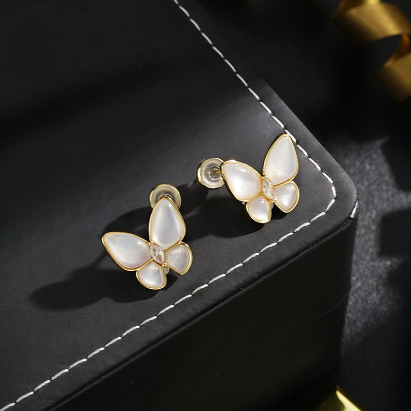 Wholesale 925 silver needle  cute style natural white fritillary butterfly  earrings