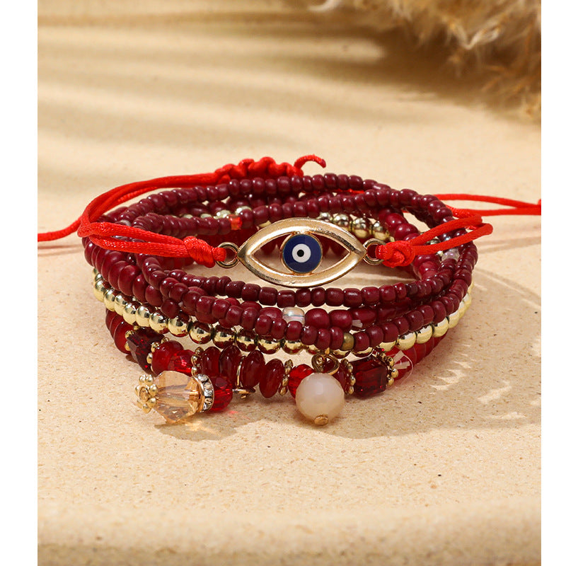 Wholesale Devil's Eye Multi-layered Bracelet Bohemian Style Rice Beads Adjustable Bracelet ACC-BT-XLH006
