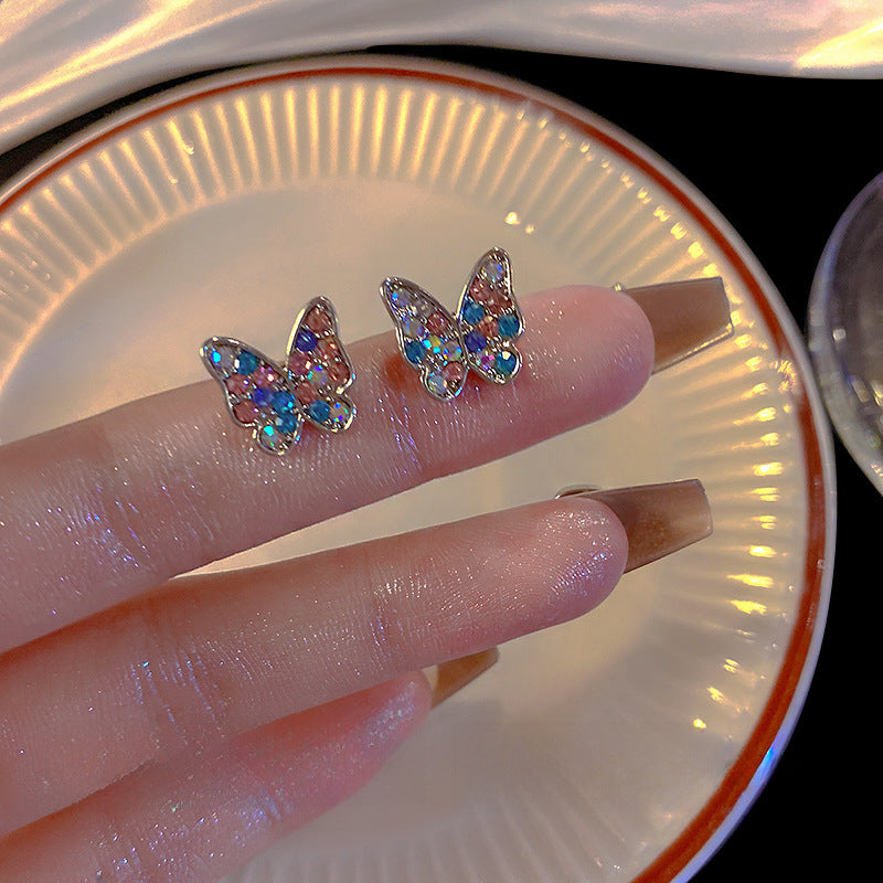 Wholesale 925 silver needle small simple colorful flash diamond butterfly earrings