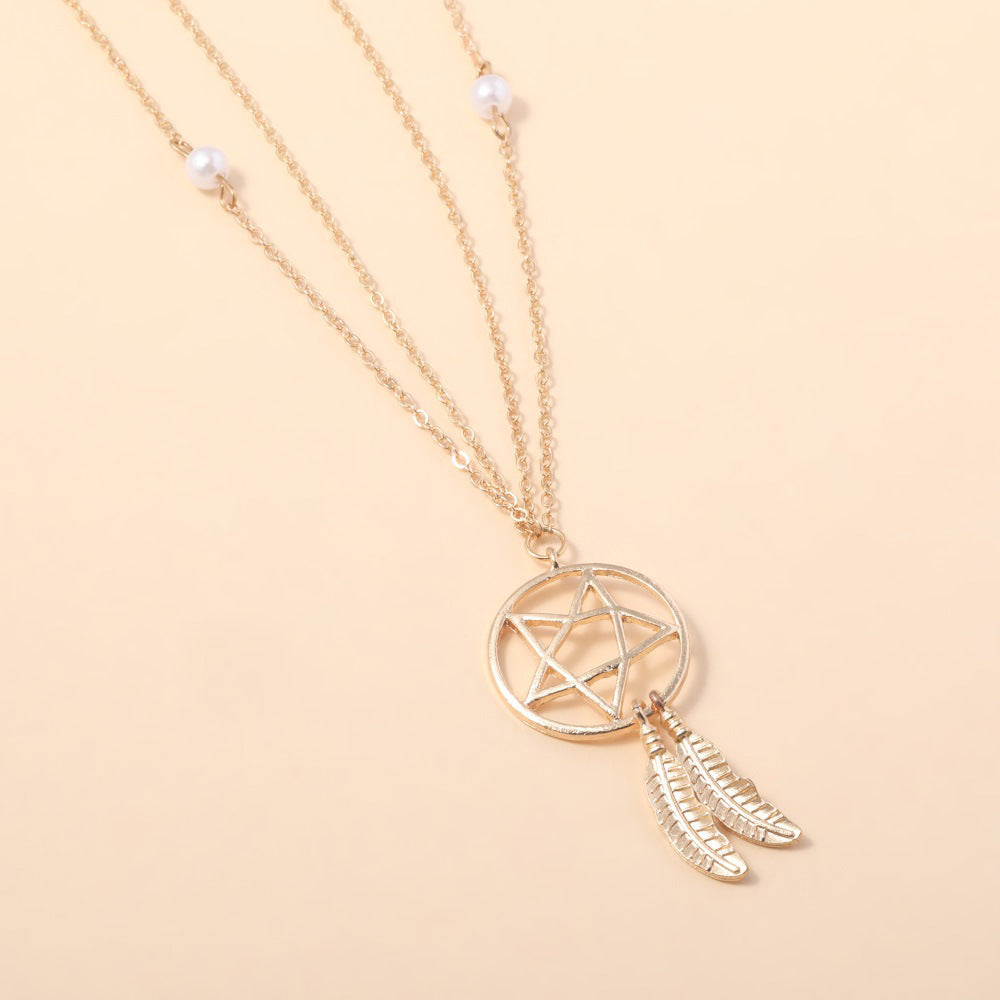 Wholesale  summer waist chain  pearl chain hollow five-pointed star feather alloy pendant waist ornaments