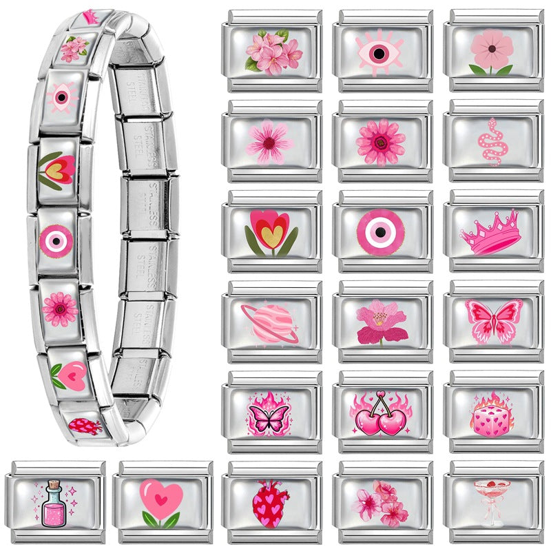 Wholesale Italian Charm Bracelet 9mm DIY Colorful Element Pink Pattern  Creative Stainless Steel Composable Bracelet