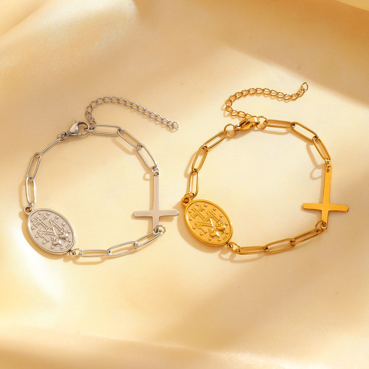 Wholesale Beaded Bracelet With Vintage Maria Cross Oval Pendant Stainless Steel Fashion Accessory For Women Everyday Wear