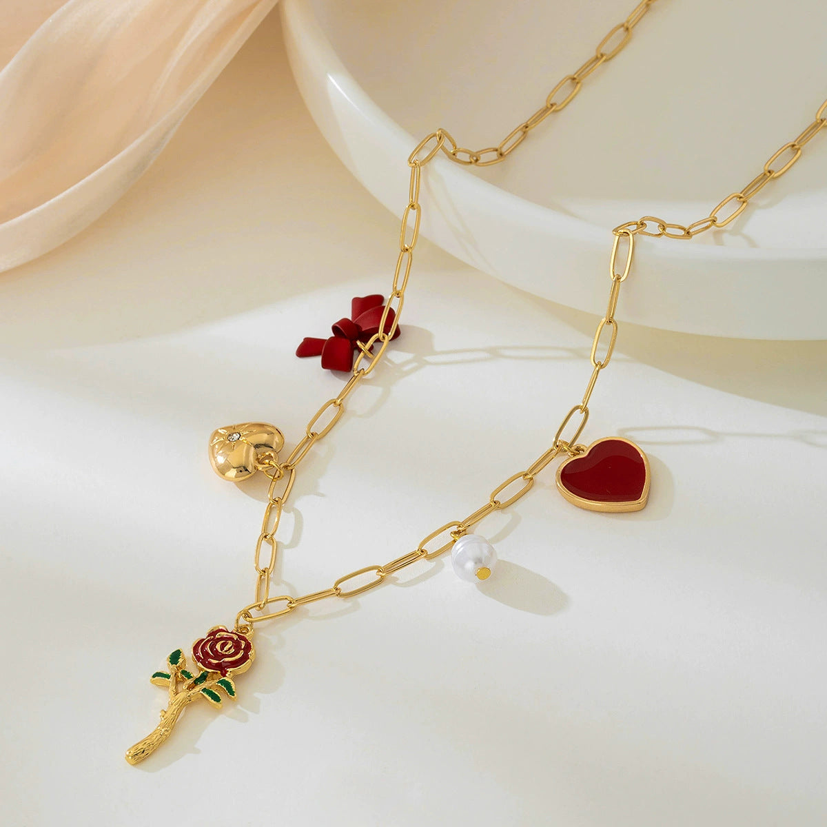 Wholesale Metal Red Heart Artificial Pearl Bow Women's Necklace