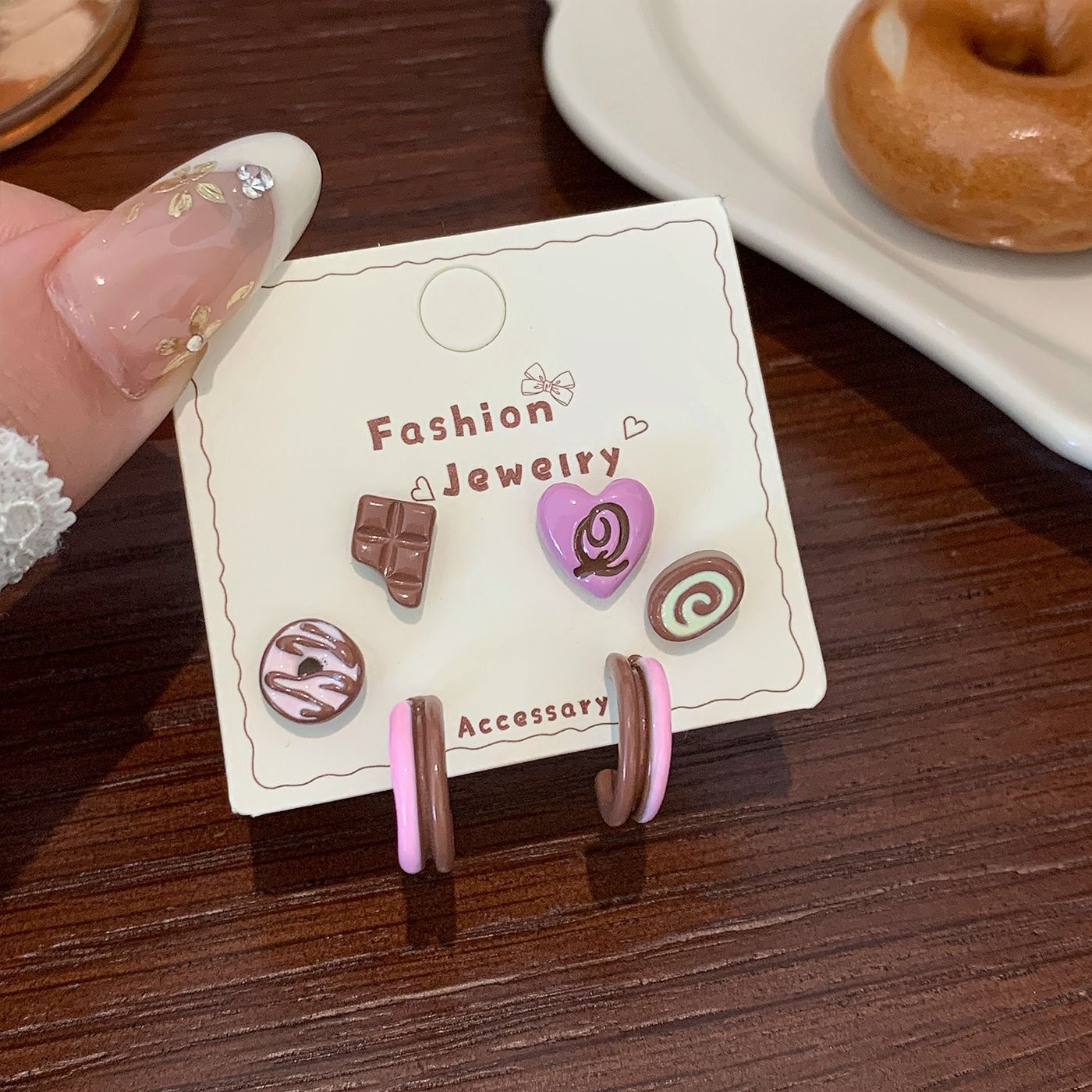 Wholesale Dopamine chocolate cake dessert earring set silver needle cute little yellow duck cartoon earrings