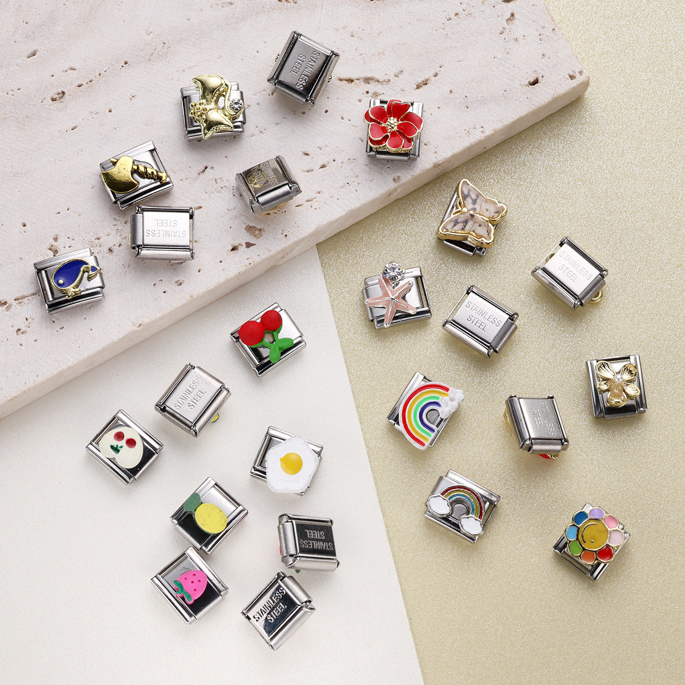 Wholesale 10pcs Italian Charm Bracelet 9mm DIY Splicing Flower Fruit Rainbow Series Stainless Steel Composable Bracelet