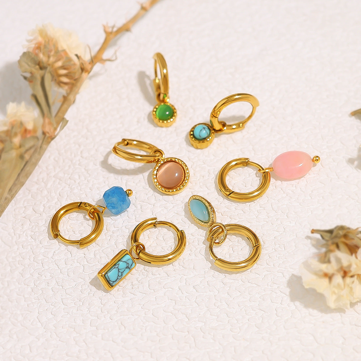 Wholesale  18k gold titanium steel geometric blue turquoise earrings