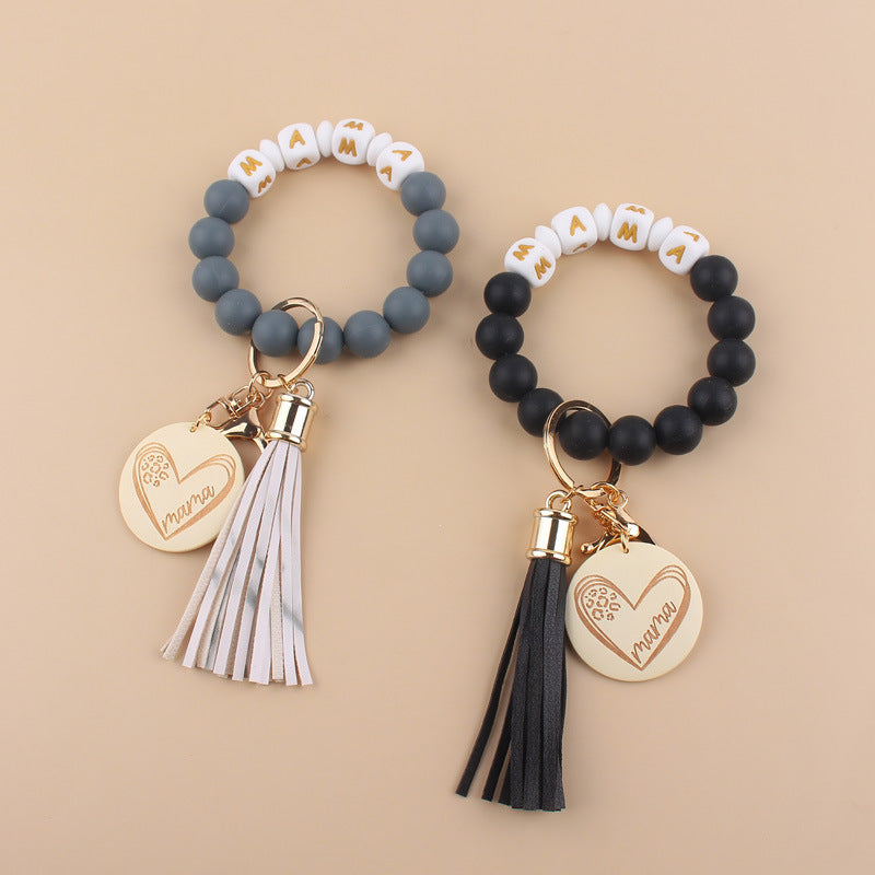 Wholesale Cartoon Love Wooden Brand MAMA Silicone Beaded Wrist Keychain ACC-KC-GuangTian026