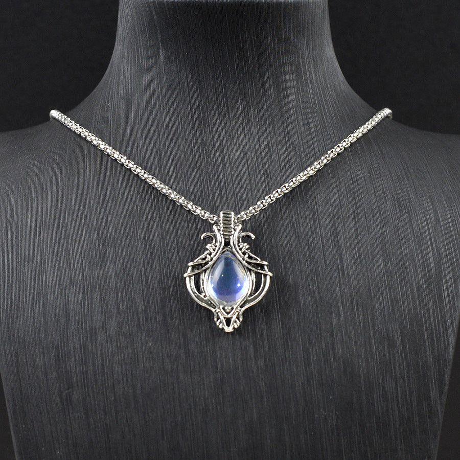 Wholesale Retro Moonstone Style Hollow Teardrop Pendant Necklace Antique Silver Tone Zinc Alloy Fashion Layering Jewelry Gift Boutique Resale