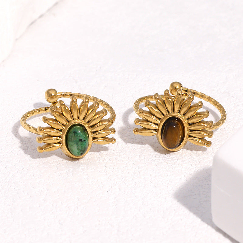 Wholesale Fashion Flower Design Open Ring,  Stainless Steel with Amber Stone,  18K Gold Plated,  Boutique Resale Jewelry Accessory