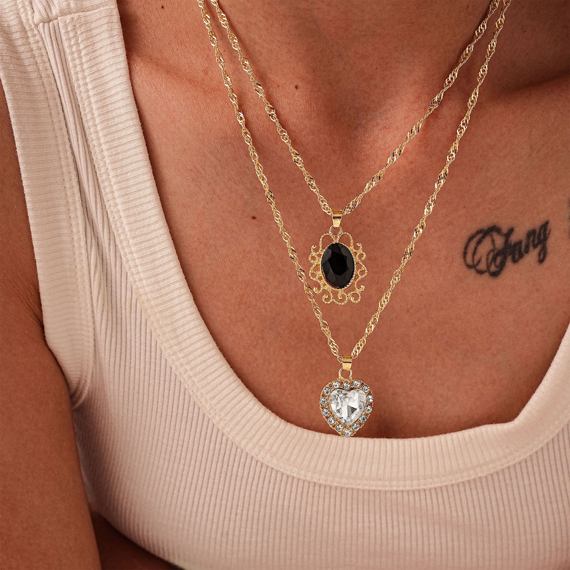 Wholesale Heart rhinestone double-layer necklace