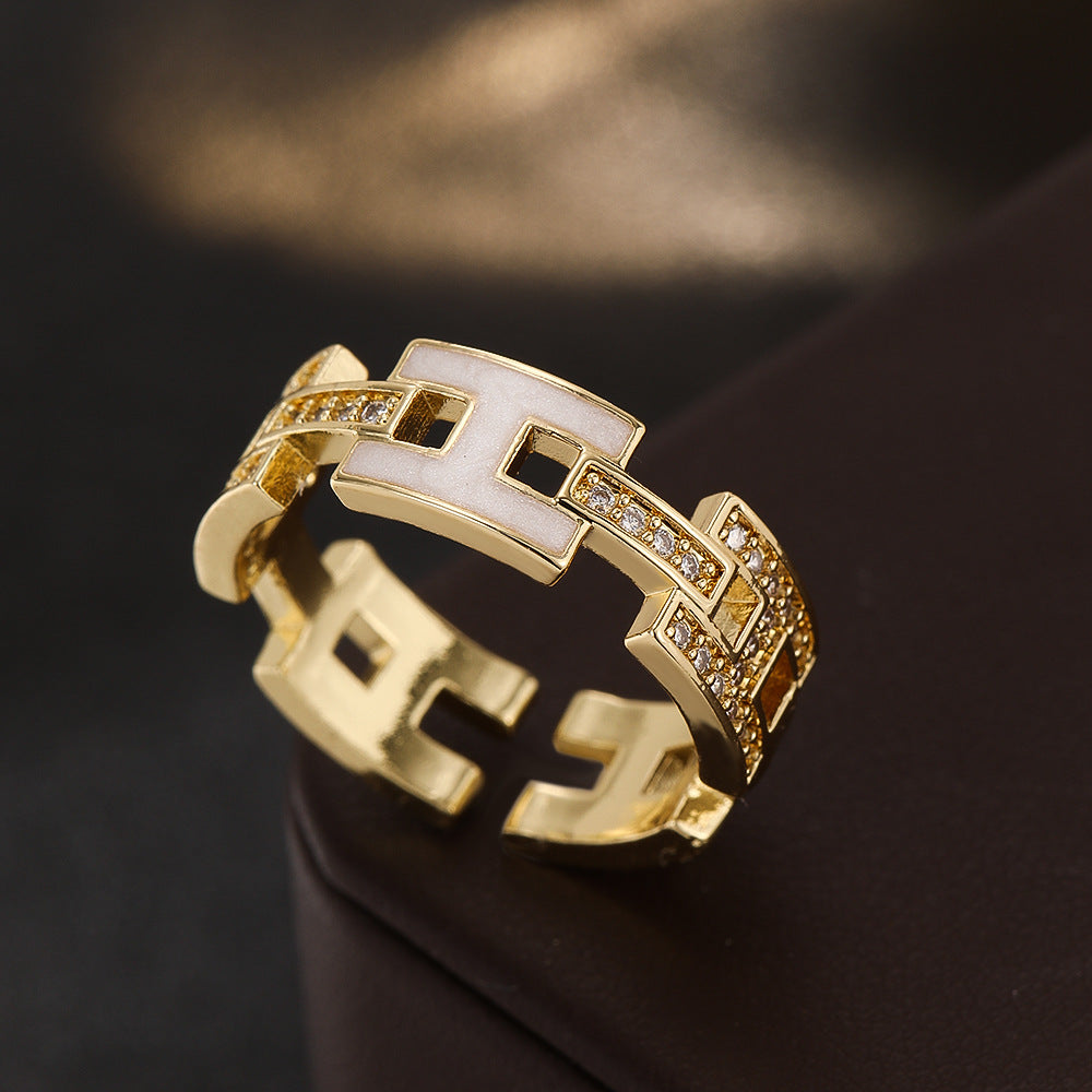 Wholesale Trendy Geometric Gold Plated Adjustable Open Ring For Women Copper Zircon Jewelry Accessory Everyday Wear Gift