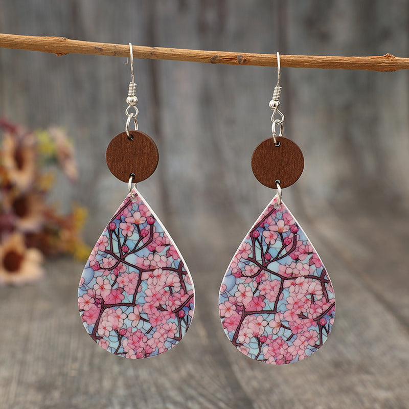 Wholesale Bohemian Drop-Shaped Printed Cherry Blossom Fresh Earrings