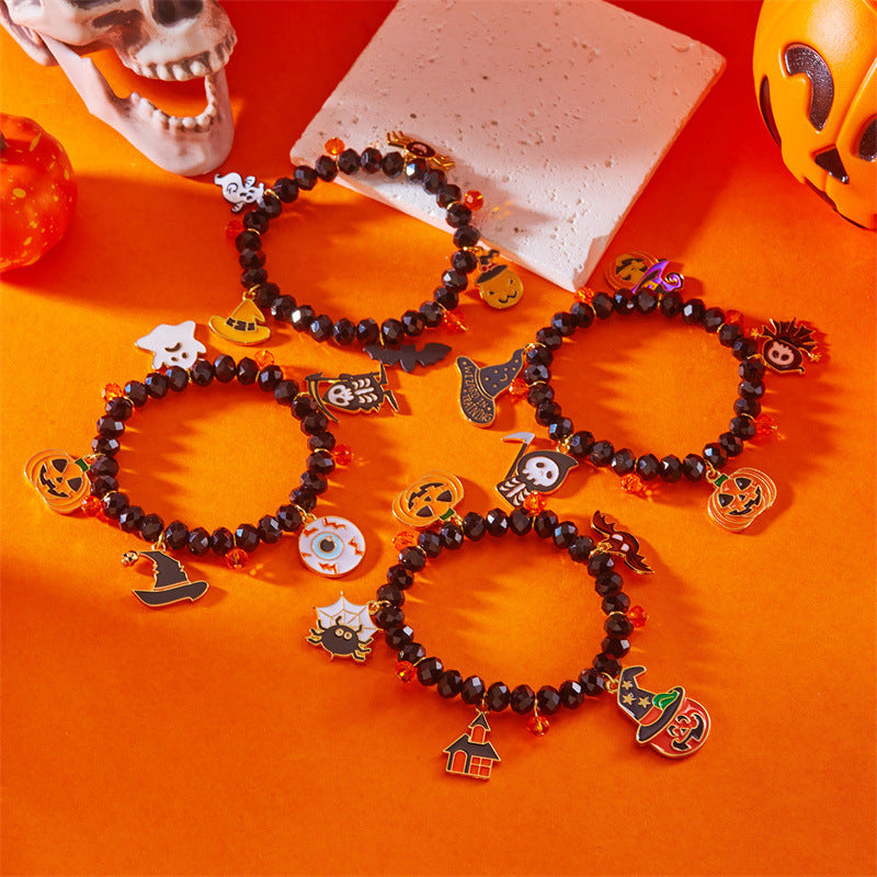 Wholesale  Ghost Pumpkin Lantern Bracelet Cartoon Bat Alloy Pendant Crystal Beaded Women' s Fashion Accessory