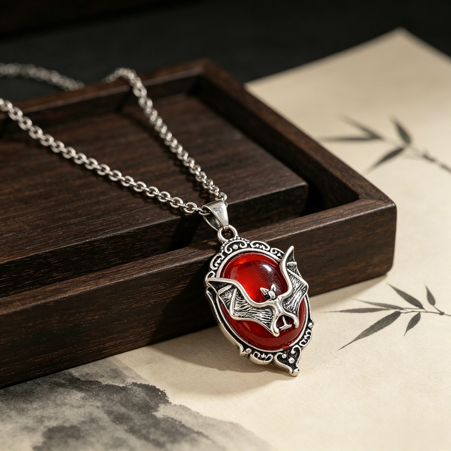 Wholesale Amazon Cross-Border Best-Selling  Gothic Style Necklace,  Vintage Carved Red Crystal Bat Personalized Pendant
