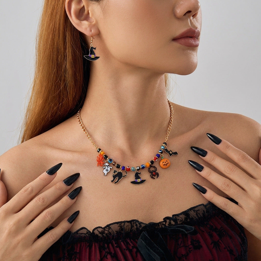 Wholesale  Pendant Necklace Pumpkin Bat Ghost Vintage Orange Black Beaded Choker Holiday Party Jewelry Gift