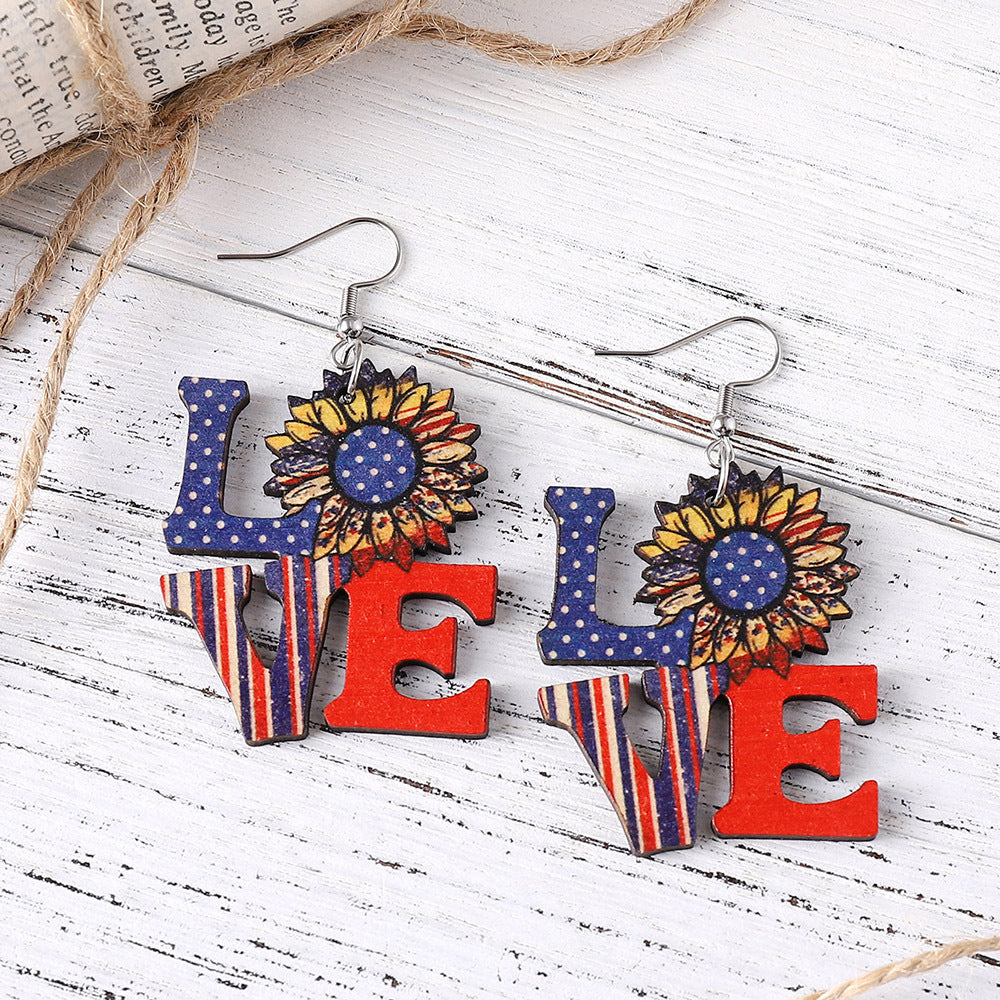 Wholesale of American Independence Day Five Pointed Star Rainbow Bull Head Heart Wooden Double Sided Earrings ACC-ES-ChuLian015