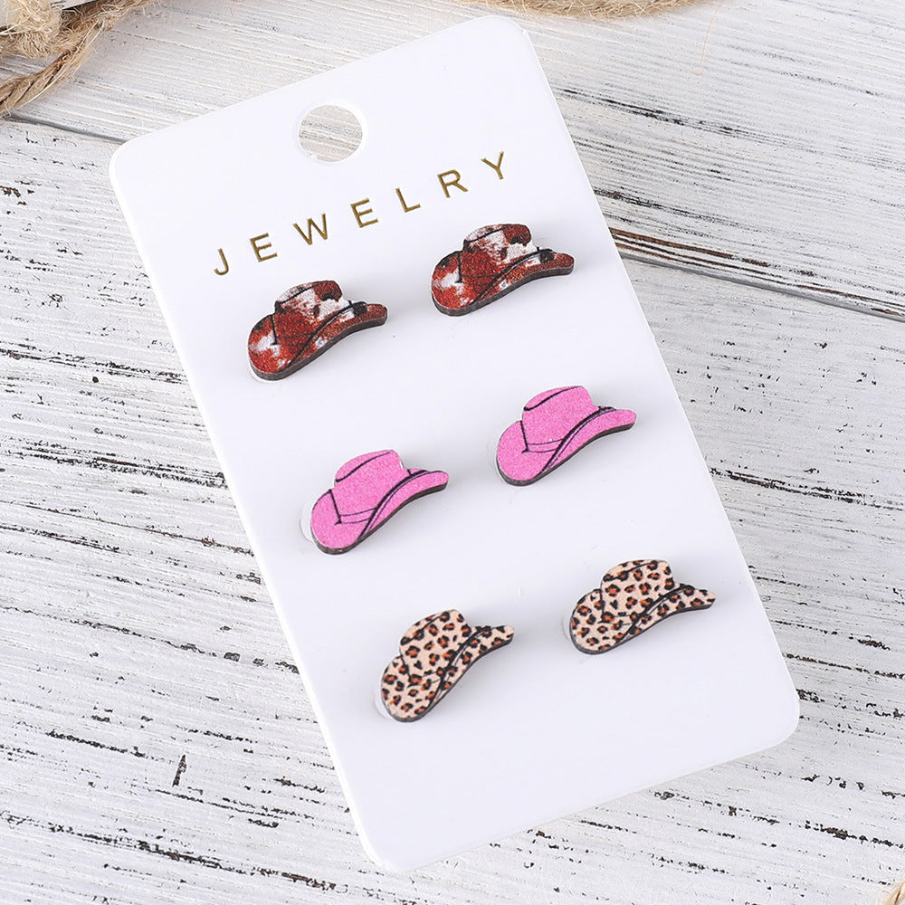 Wholesale Western style leopard print cow print turquoise pattern cowboy hat earrings set