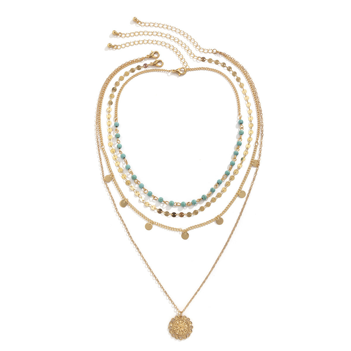 Wholesale Electroplated Alloy Turquoise Retro Bohemian Choker Necklace Metal Flower Disc Pendant Layering Jewelry For Women Gift