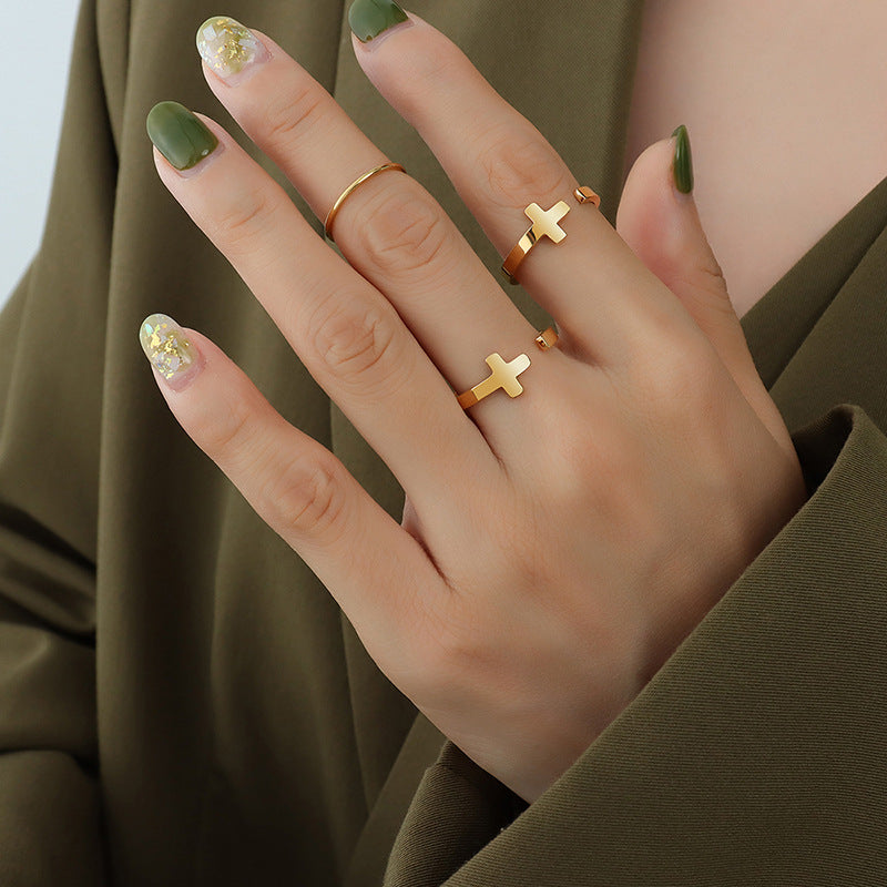 Wholesale Cross Open Ring Titanium Steel Plated 18K Gold ACC-RS-MiLi003