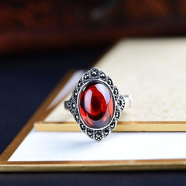 Wholesale Copper Red Stone Ring,  Floral Carved Adjustable Fashion Jewelry Accessory for Women Boutique Resale