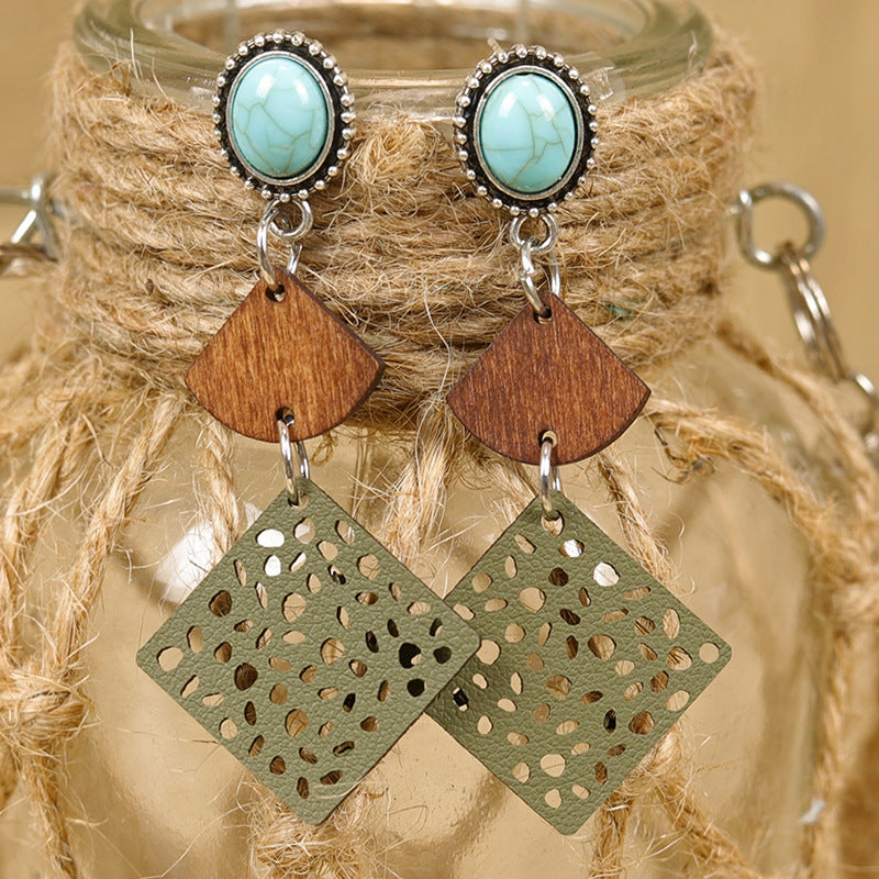 Wholesale Western Distressed Bohemian Geometric Stitching Turquoise Earrings