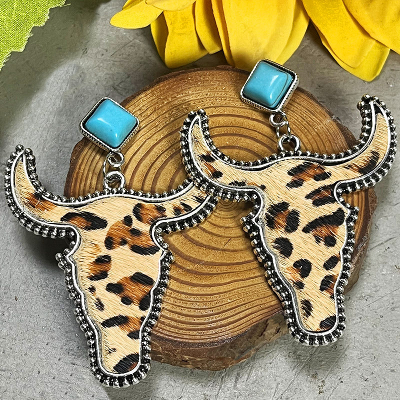 Wholesale 2PCS/ Pack Leather Western Style Horse Hair Turquoise Bull Head Earrings