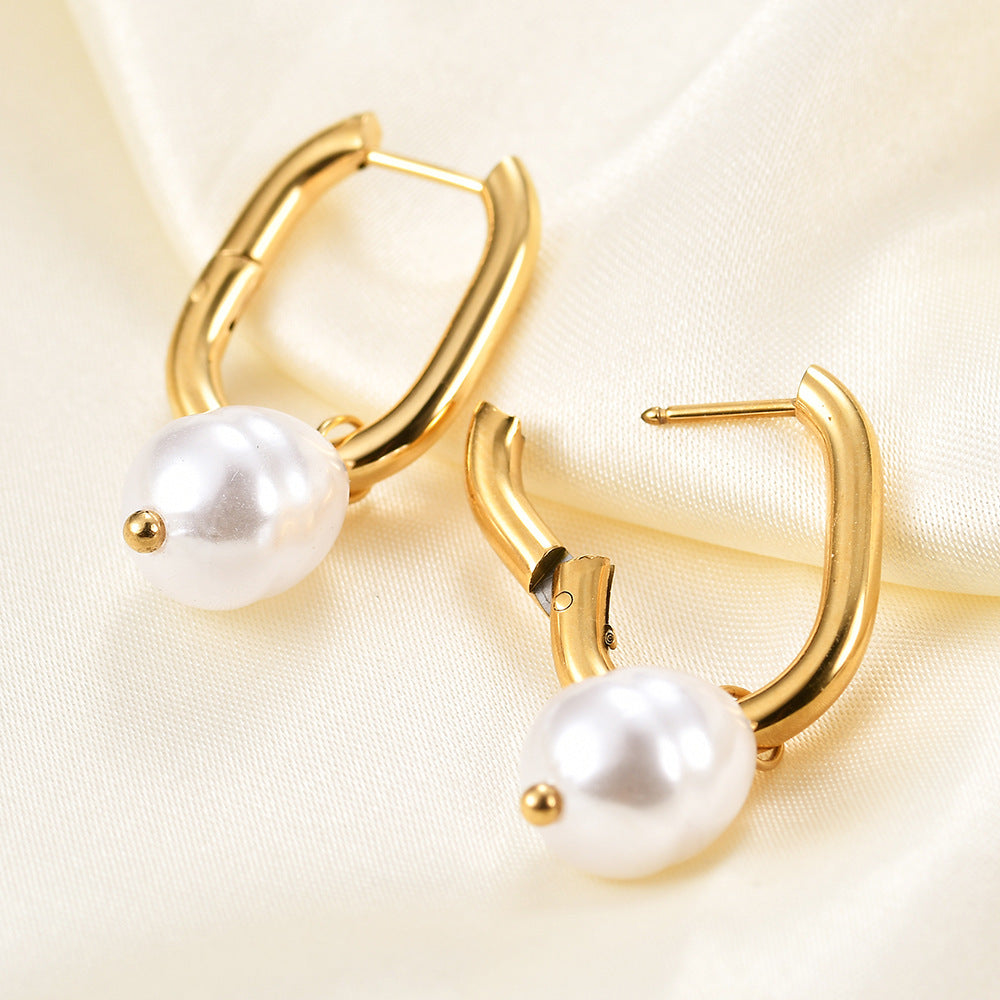 Wholesale Stainless Steel Pearl U Shape Hollow Earrings
