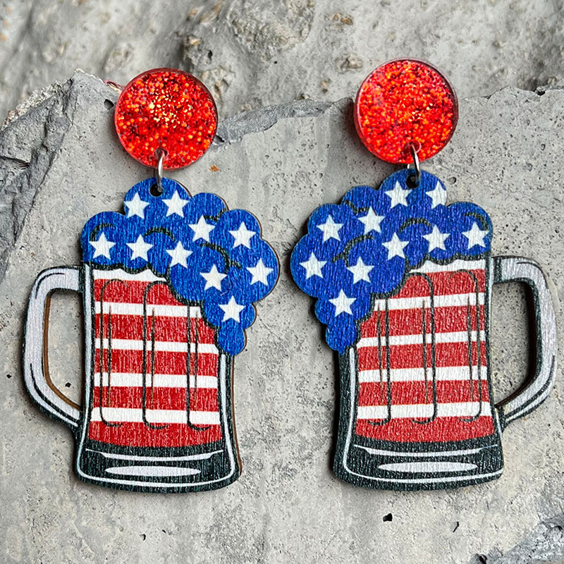 Wholesale 2 pairs/pack American Flag Independence Day Beer Wooden Earrings ACC-ES-HY005