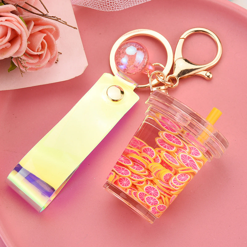 Wholesale Acrylic Milk Tea Cup Fruit Piece Floating Leather Rope Creative Key Chain