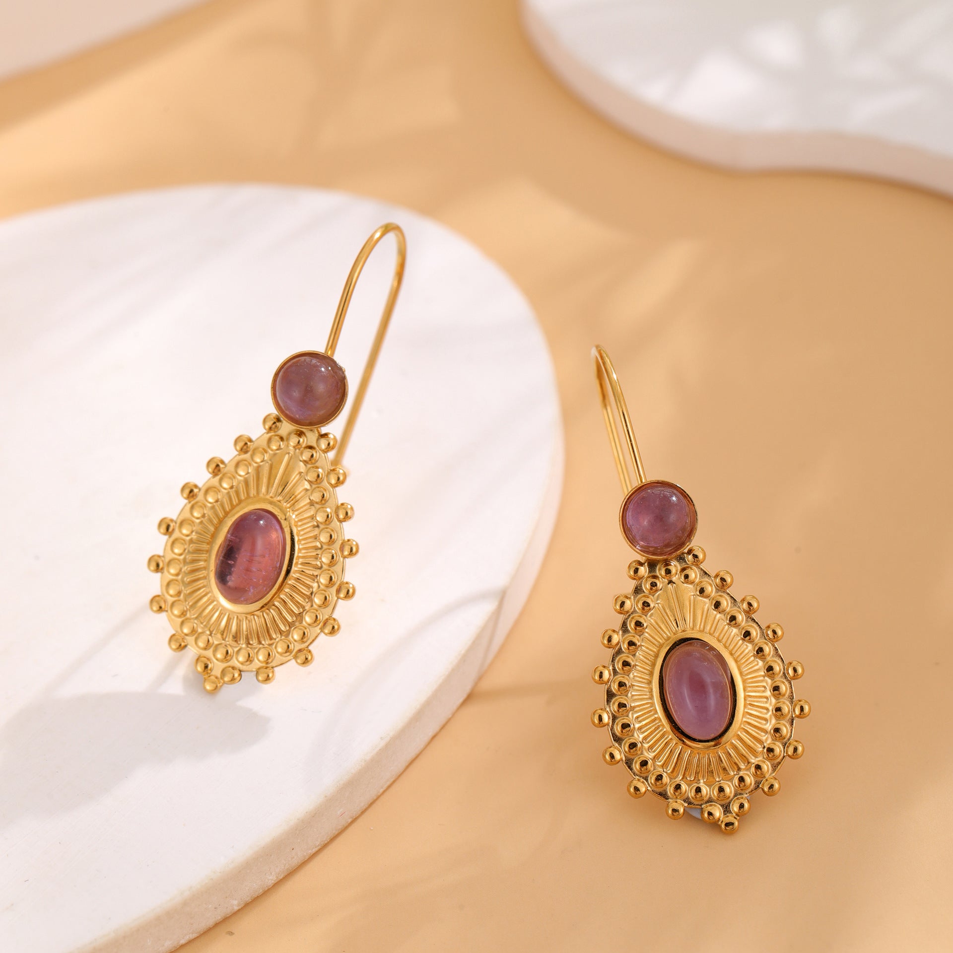 Wholesale  stainless steel inlaid natural stone retro earrings