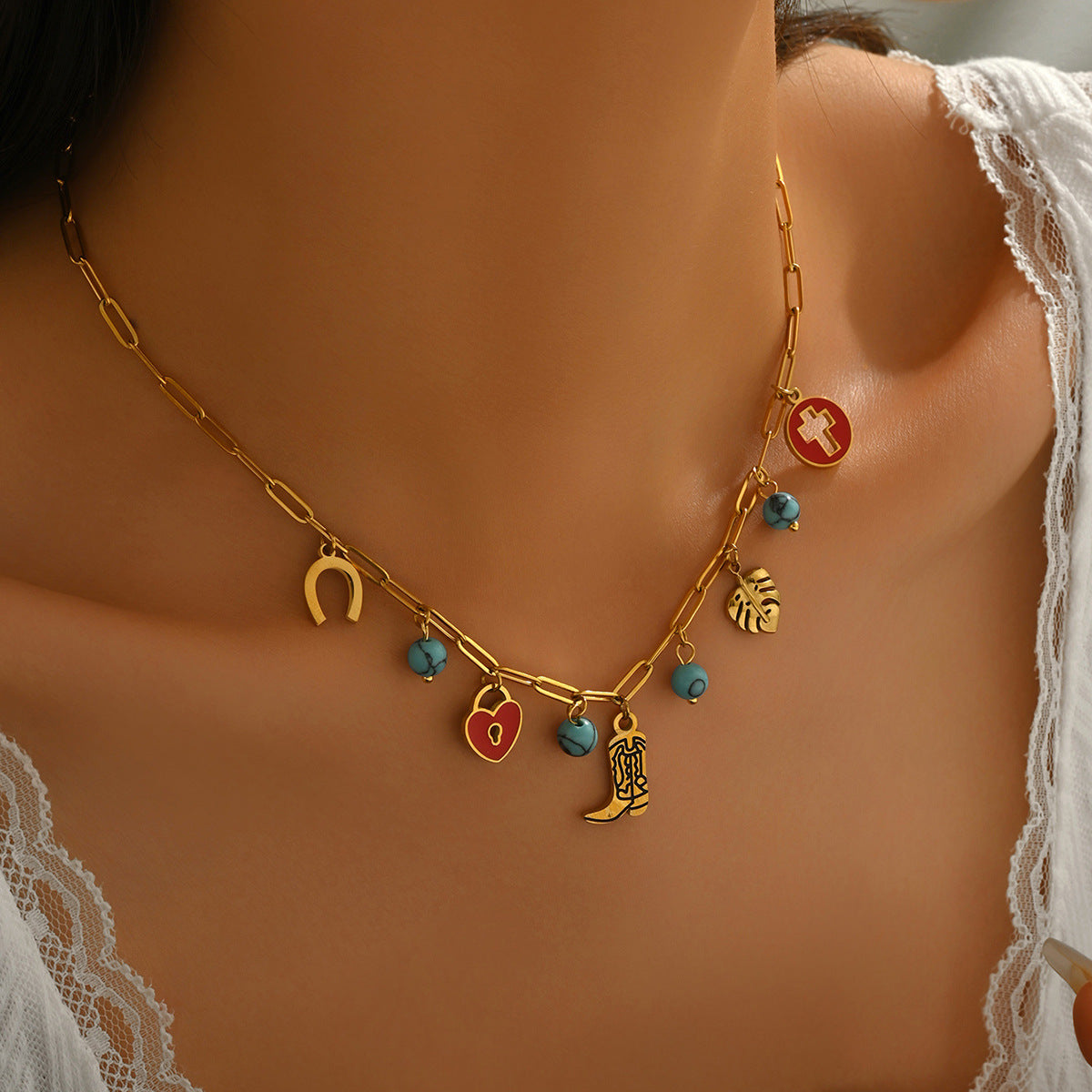 Wholesale Oil drop element inlaid turquoise clavicle necklace
