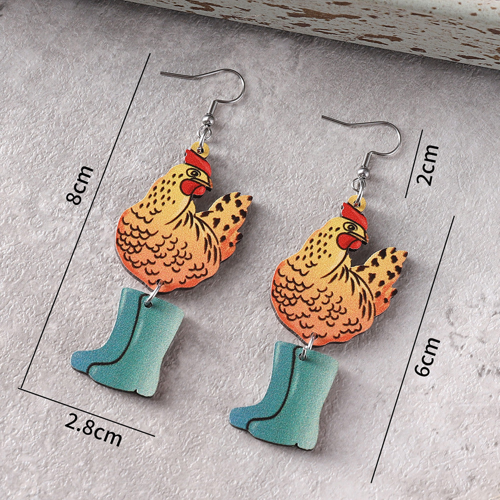 Wholesale Western Farm Cute  Hen Chick Flower Boots  Wooden Double-sided Earrings