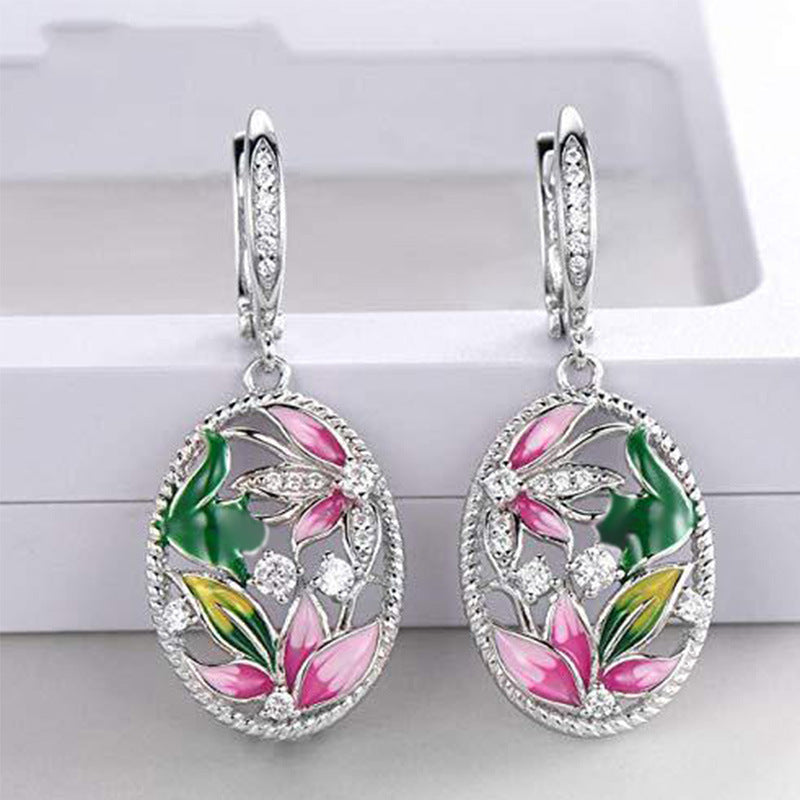 Wholesale Epoxy Oval Flower Enamel Diamond Valentine's Day Earrings