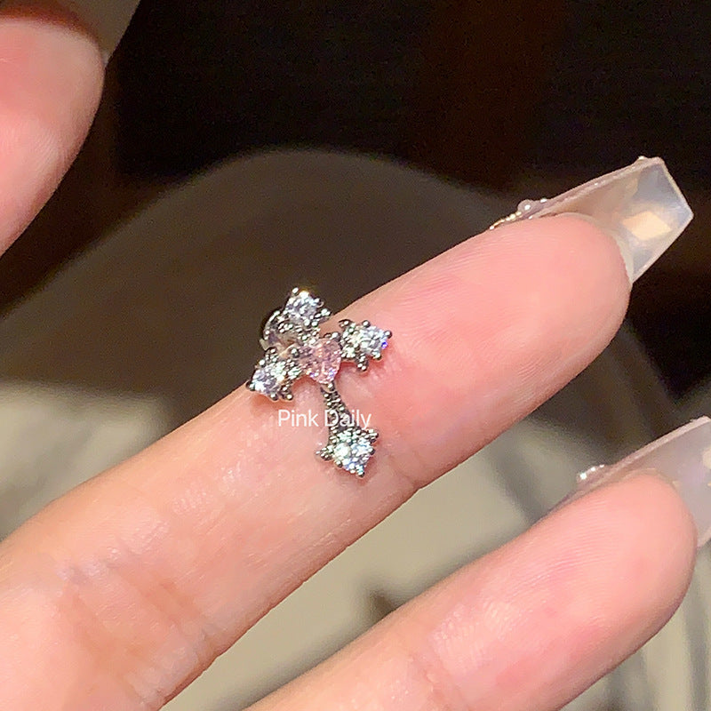 Wholesale Pink zircon cross ear bone nail titanium steel screw  butterfly earrings