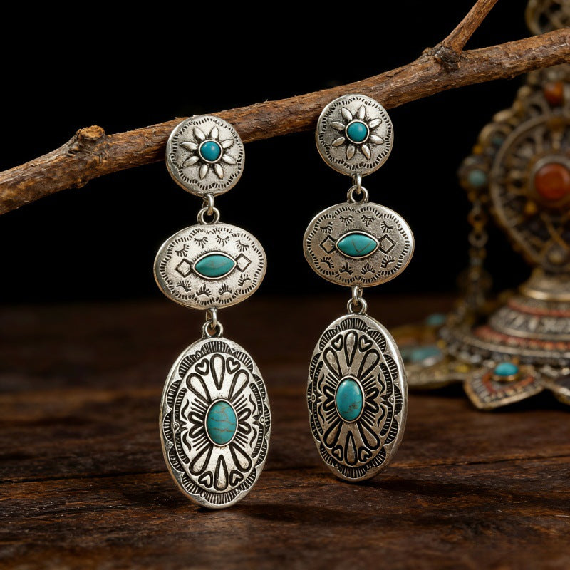 Wholesale Alloy Ancient Silver Long Drop Earrings Retro Western Ethnic Style Jewelry Accessory for Everyday Wear